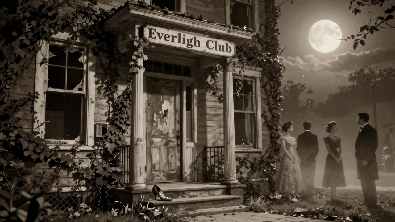 An abandoned mansion with a faded sign, a single high heel on the step, symbolizing the vanished legacy of the Everleigh Club.
