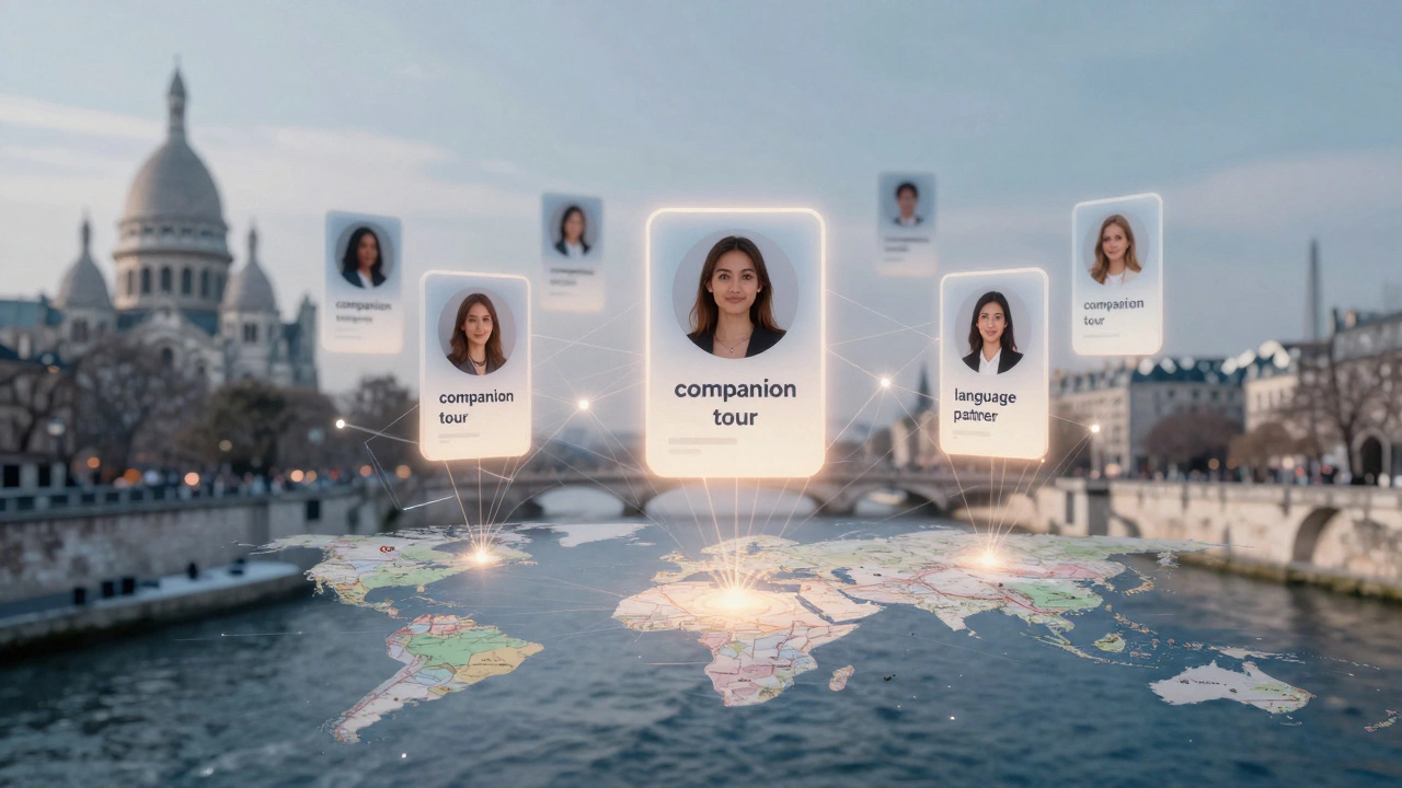 Floating digital profile cards with coded terms hover above a map of Paris, connected by glowing data threads in a surreal style.
