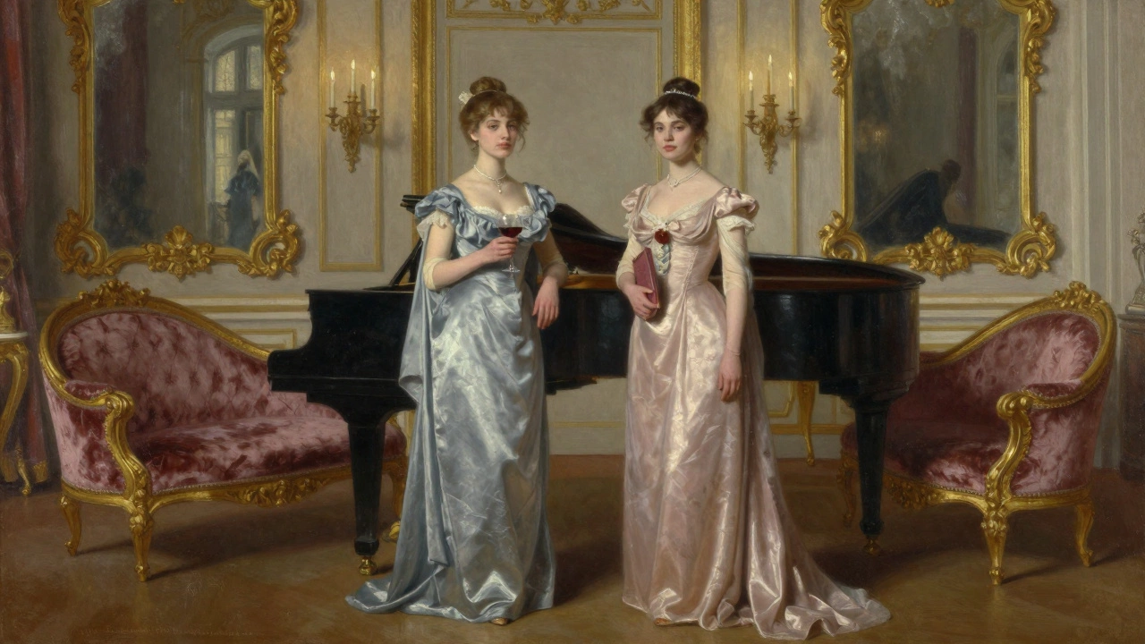 Two refined sisters in evening wear standing confidently in a gilded parlor, exuding quiet power and control.